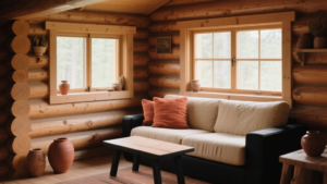Intérieur d’une cabane en rondins avec accents terracotta, bois brut, lin et lumière naturelle
